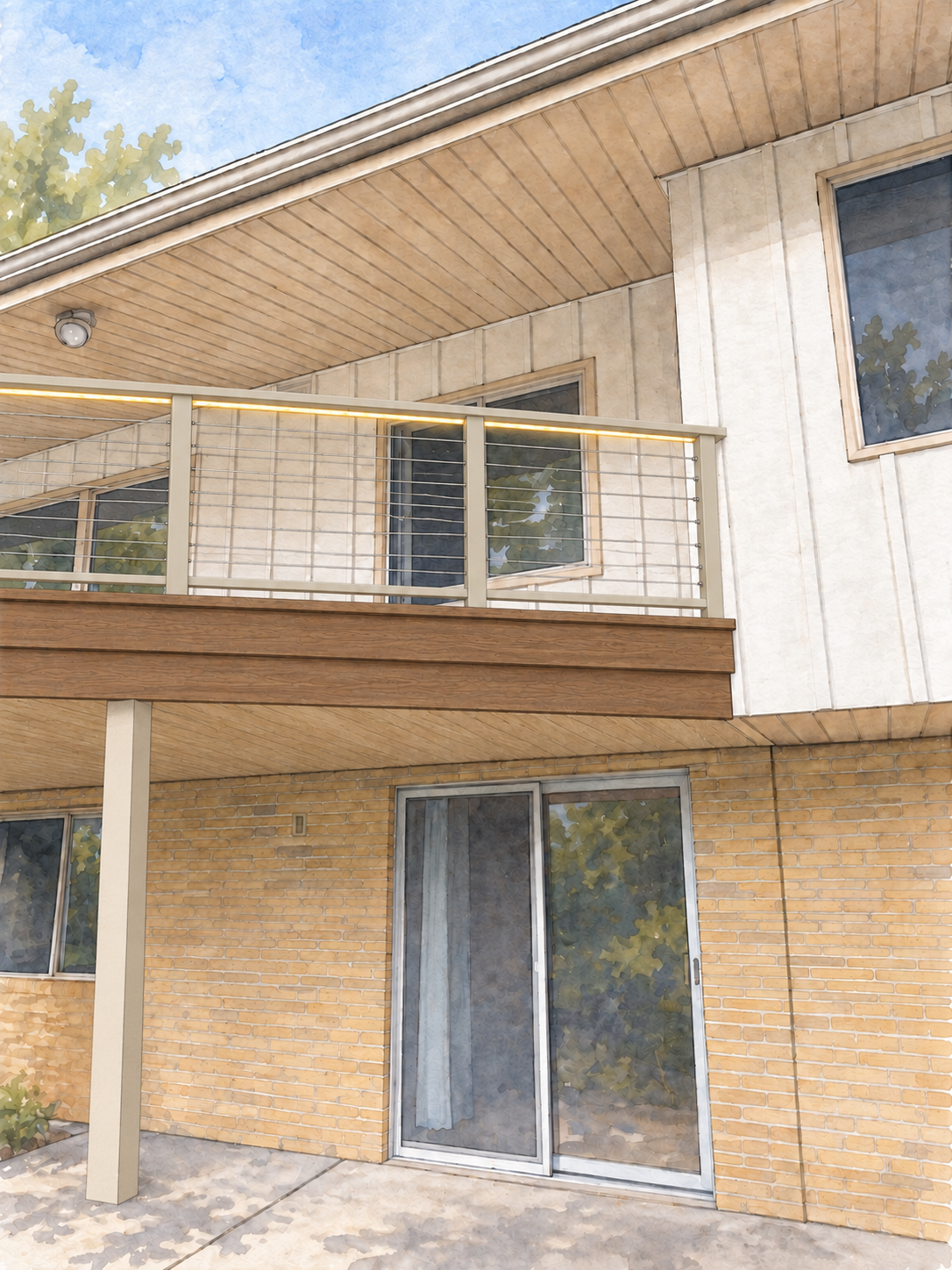 Watercolor detail of the deck railing, fascia, soffit, and wrapped support