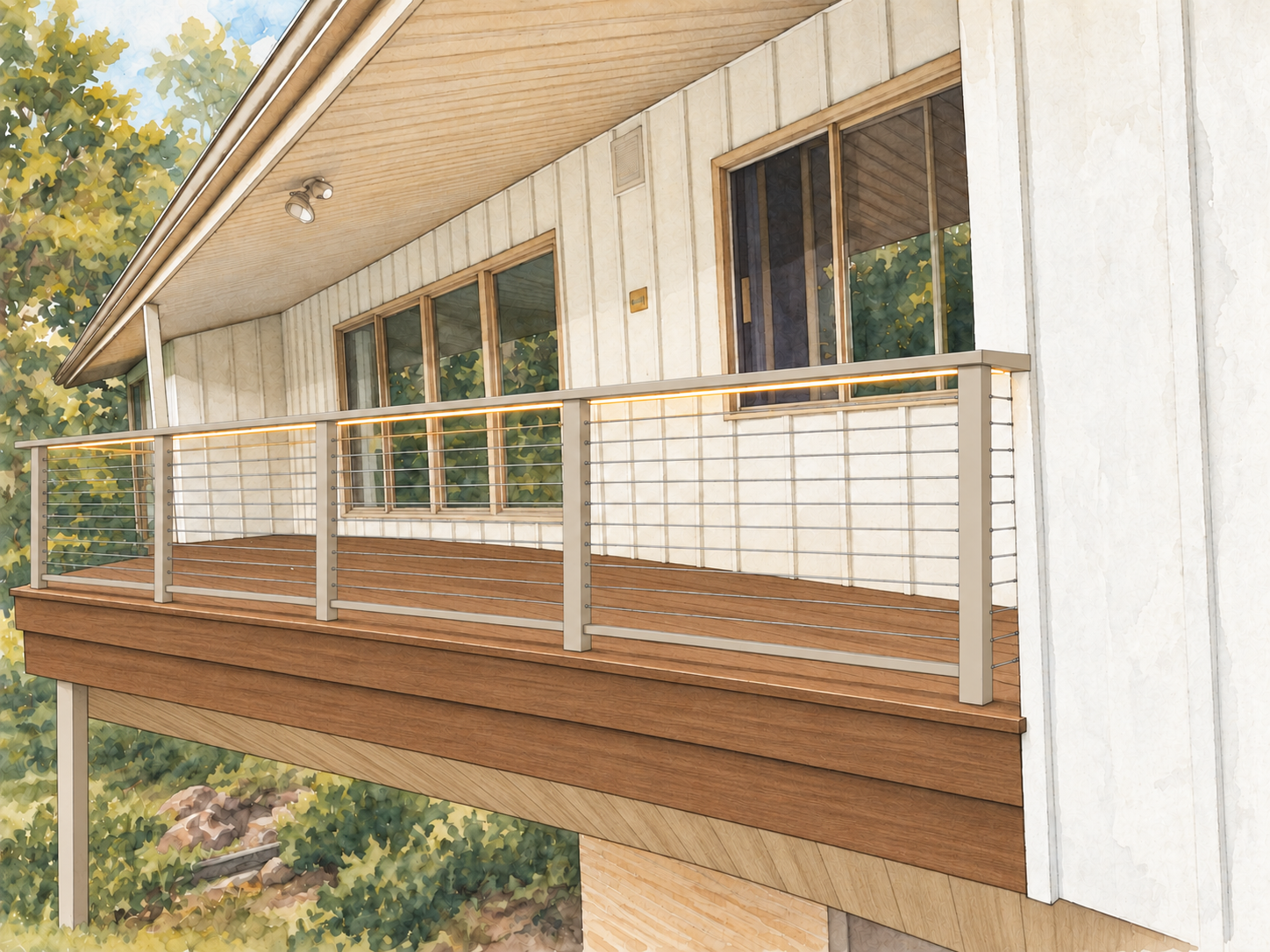 Watercolor detail of Coffee Cream horizontal cable railing over Sedona decking