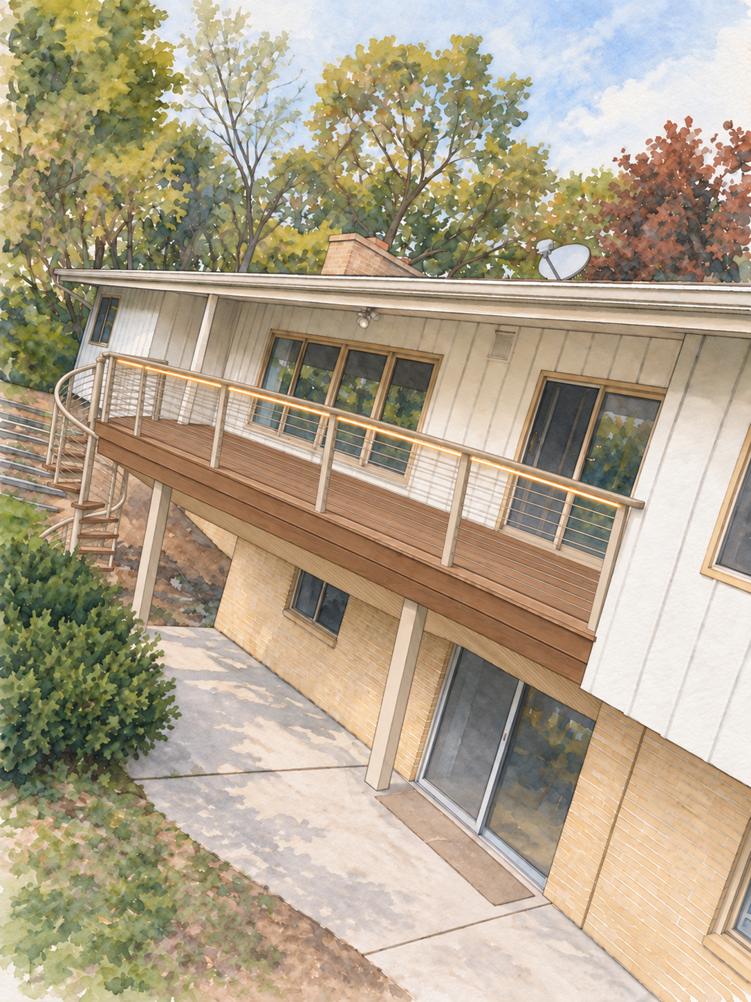 Watercolor overview showing the deck surface and spiral stair