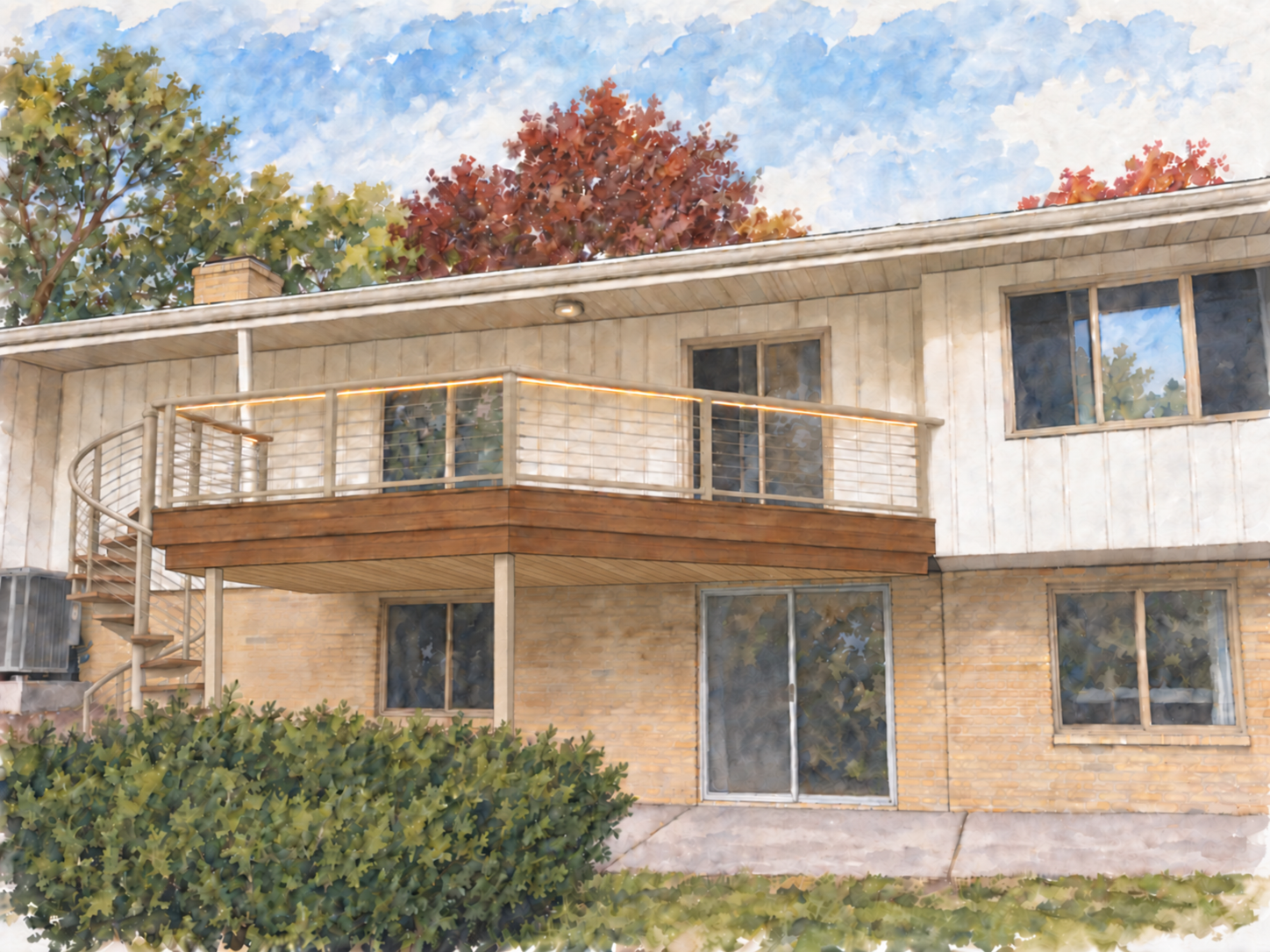 Watercolor model of the full second-story deck viewed from the yard