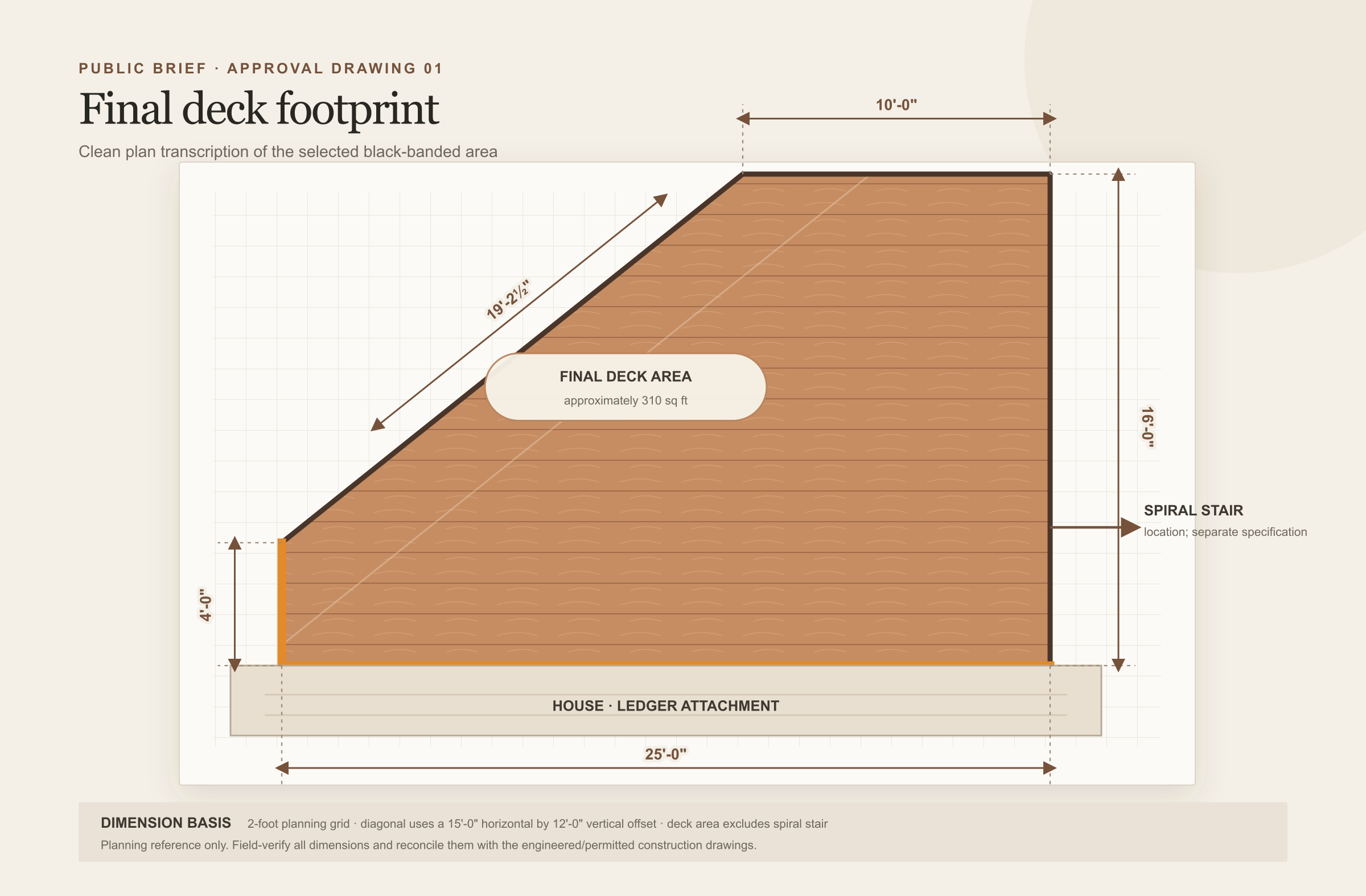 Approved plan drawing of the final five-sided deck footprint with dimensions